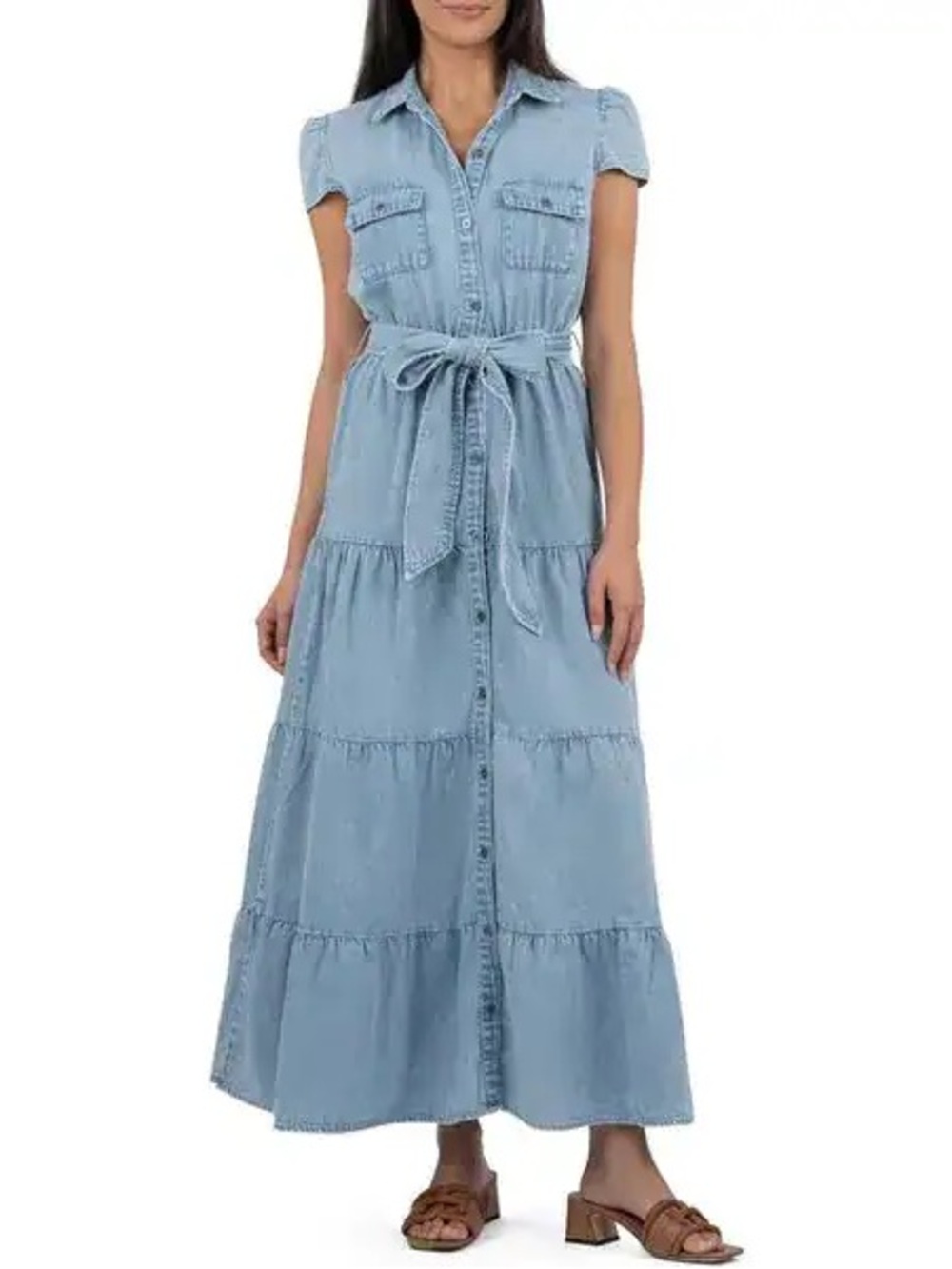 Juno Cap Sleeve Denim Maxi Dress with Tie Waist - Blue